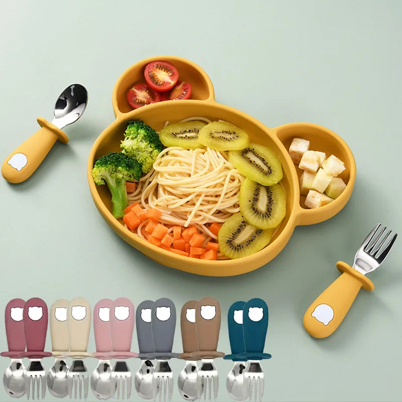 Couverts Bébé Cartoon – Silicone & Inox